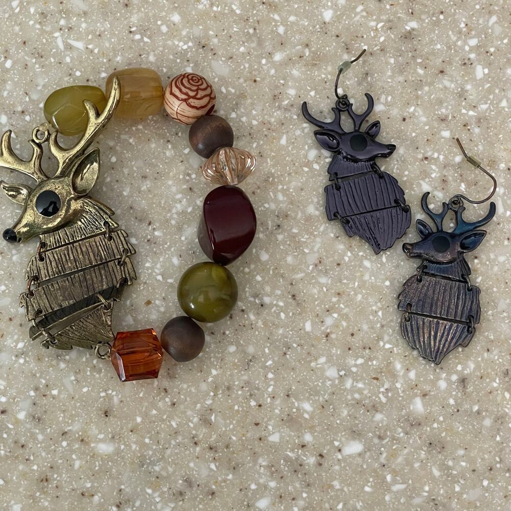 Buck/Deer Metal & Multi Colored Beaded Bracelet  & Earrings